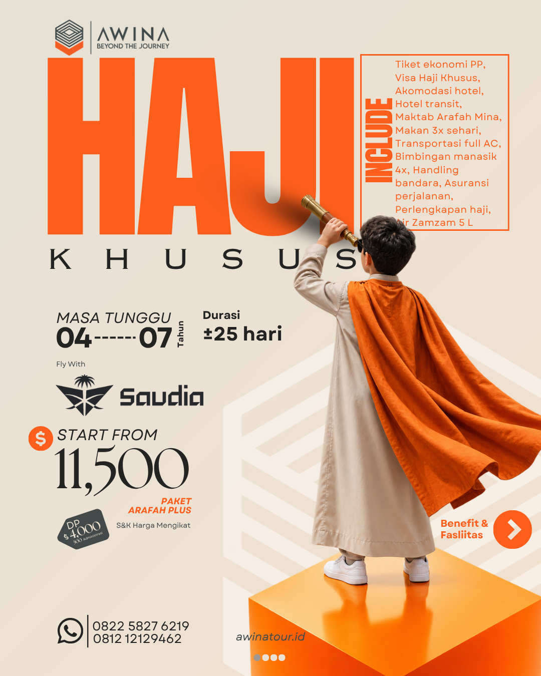 Flyer Haji Khusus Paket Arafah Plus AWINA dengan karakter anak berteropong di latar ivory.