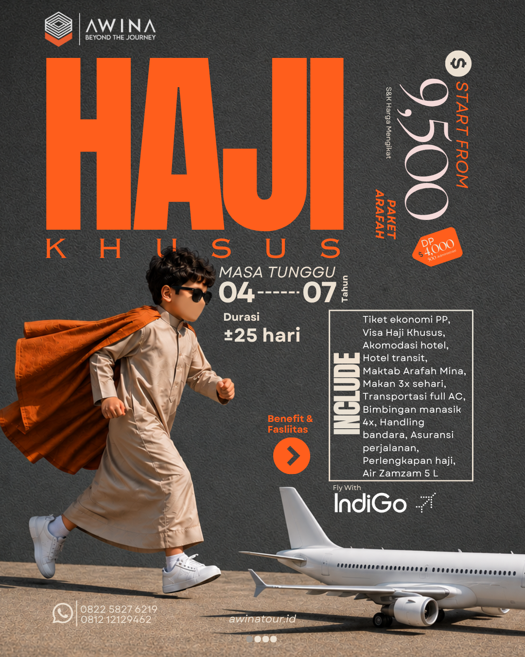 Flyer Haji Khusus Paket Arafah AWINA dengan karakter anak berlari di latar charcoal.