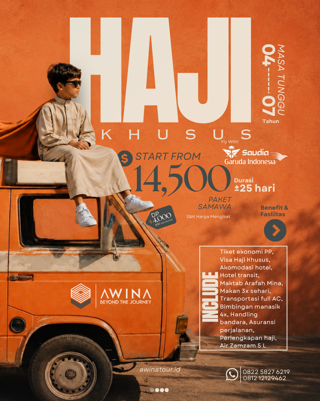 Flyer Haji Khusus Paket Samawa AWINA dengan karakter anak di atas mobil orange.