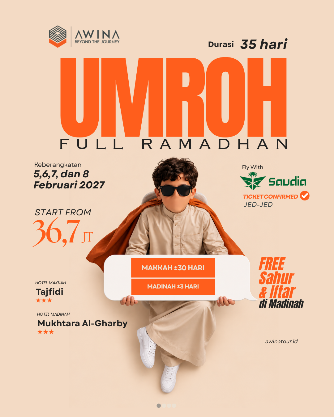 Flyer AWINA Umroh Full Ramadhan dengan karakter anak berjubah orange.