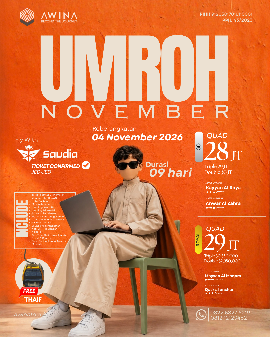 Flyer AWINA Umroh November, pilihan GO dan Royal, gratis Thaif.
