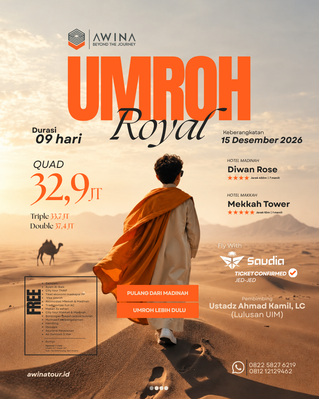 Flyer AWINA Umroh Royal dengan karakter berjubah orange di gurun.
